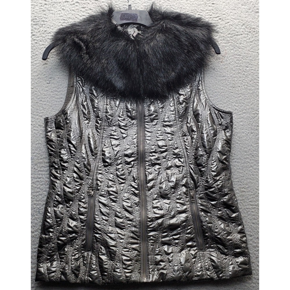 G.G. Pink Quilted Puffer Vest Women L Multi Regular Fit Faux Fur Collar Full Zip